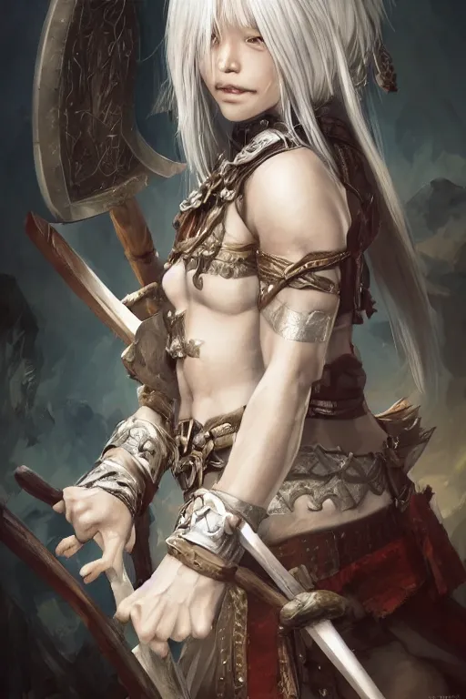 Prompt: A realistic anime portrait of a beautiful white haired female barbarian wearing an intricate viking armor, digital painting, by Stanley Artgerm Lau, Sakimichan, WLOP and Rossdraws, digital painting, painterly, Pixiv, Deviantart, golden ratio, rule of thirds, good composition, HD, 8k, award winning, promo art, splash art, rpg, jrpg, dungeons and dragons, DND, trending on ArtStation