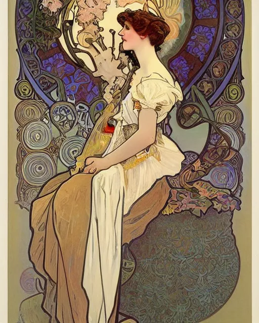 Image similar to painting by alphonse mucha, theater scene with a singer in a white dress, pastel color palette