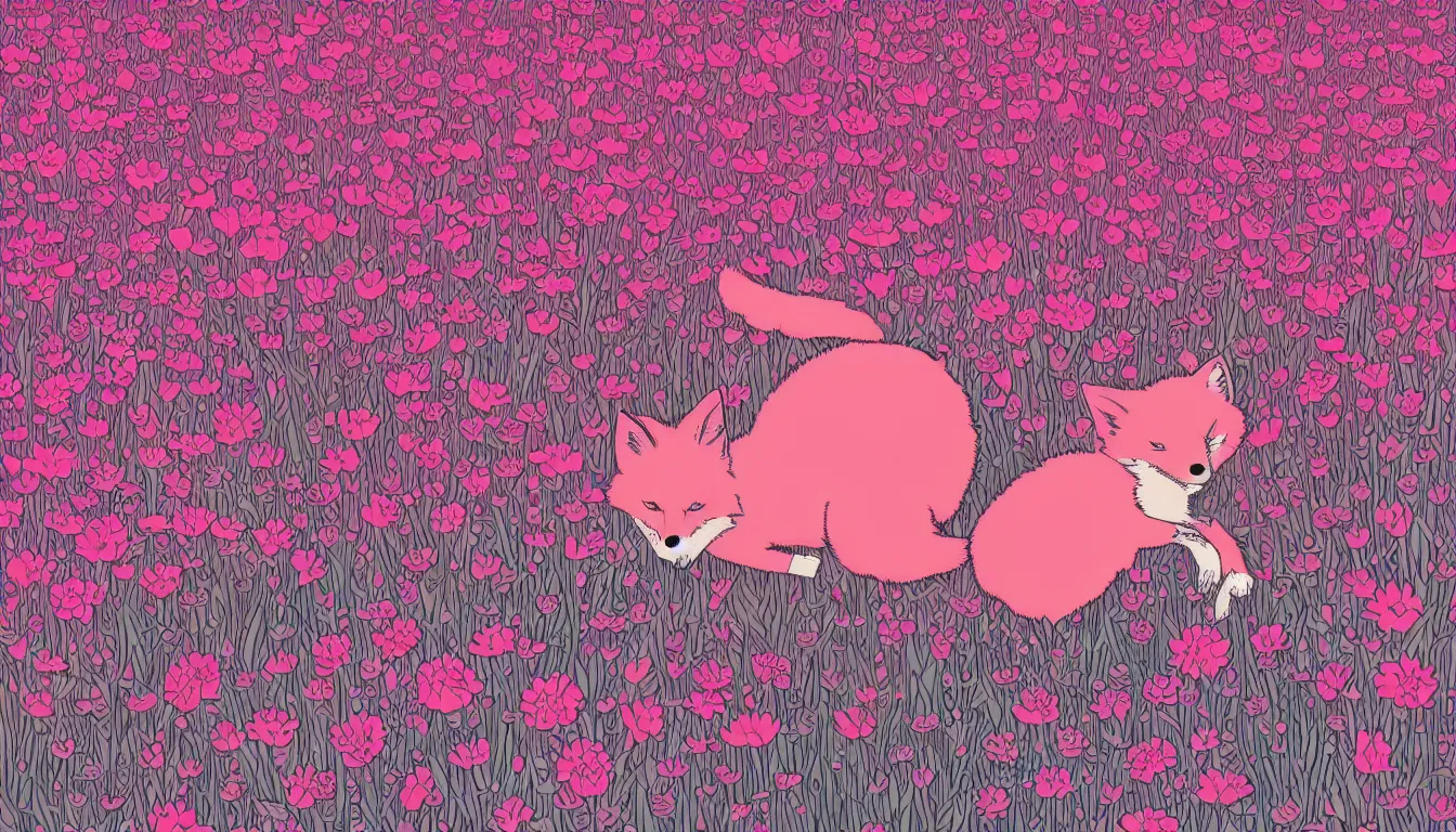 Prompt: pink fox in a field of flowers by Kilian Eng, minimalist, detailed