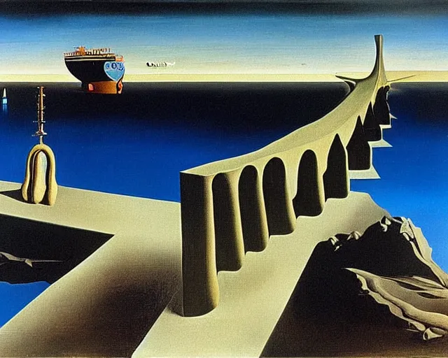 Prompt: Painting by Salvador Dali. the biggest iron concrete bridge ever built. Spanning the arctic sea, connecting two distant lands oil and water