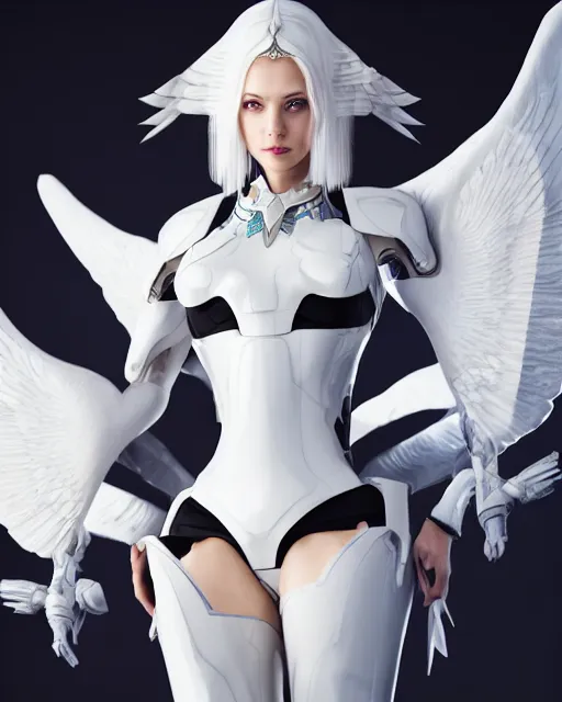 Image similar to perfect white haired attractive egyptian goddess with huge white dove wings, warframe armor, beautiful, symmetric, charlize theron, half asian, pretty face, blue eyes, cyborg, scifi platform, laboratory, experiment, 4 k, ultra realistic, epic lighting, android body, illuminated, cinematic, masterpiece, art by akihito tsukushi, voidstar