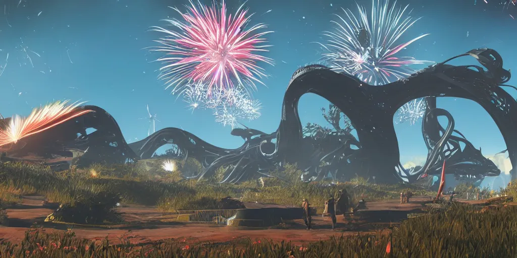 Image similar to shooting fireworks, no mans sky concept art, flying snakes