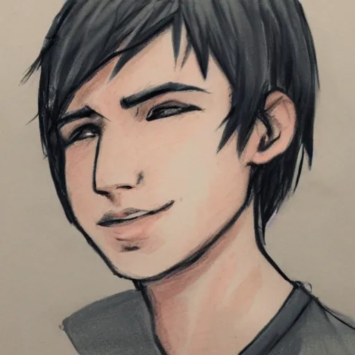 Image similar to sketch of a teenage boy with very short side part hair smiling trending on artstation