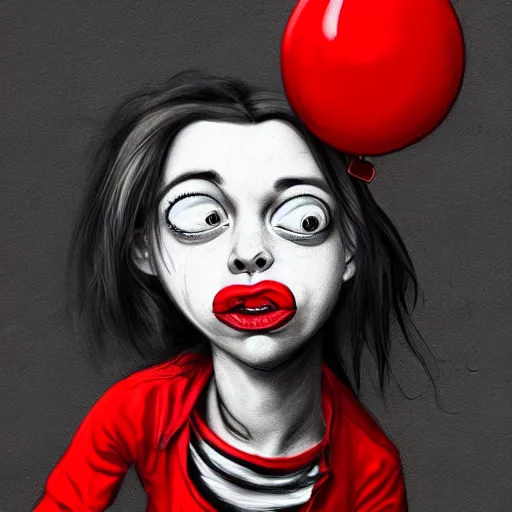 Image similar to surrealism grunge cartoon portrait sketch of billie eilish with a wide smile and a red balloon by - michael karcz, loony toons style, homer simpson style, horror theme, detailed, elegant, intricate