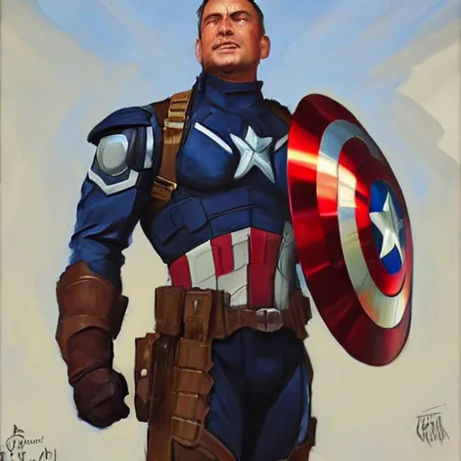 Prompt: greg manchess portrait painting of armored captain america as overwatch character, totally whack, medium shot, asymmetrical, profile picture, organic painting, sunny day, matte painting, bold shapes, hard edges, street art, trending on artstation, by huang guangjian and gil elvgren and sachin teng