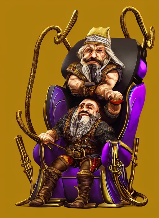 Image similar to dwarf fighter sitting in mechanical chair that has spider legs, gold and purple, exquisite details, black beard, white background, by studio muti