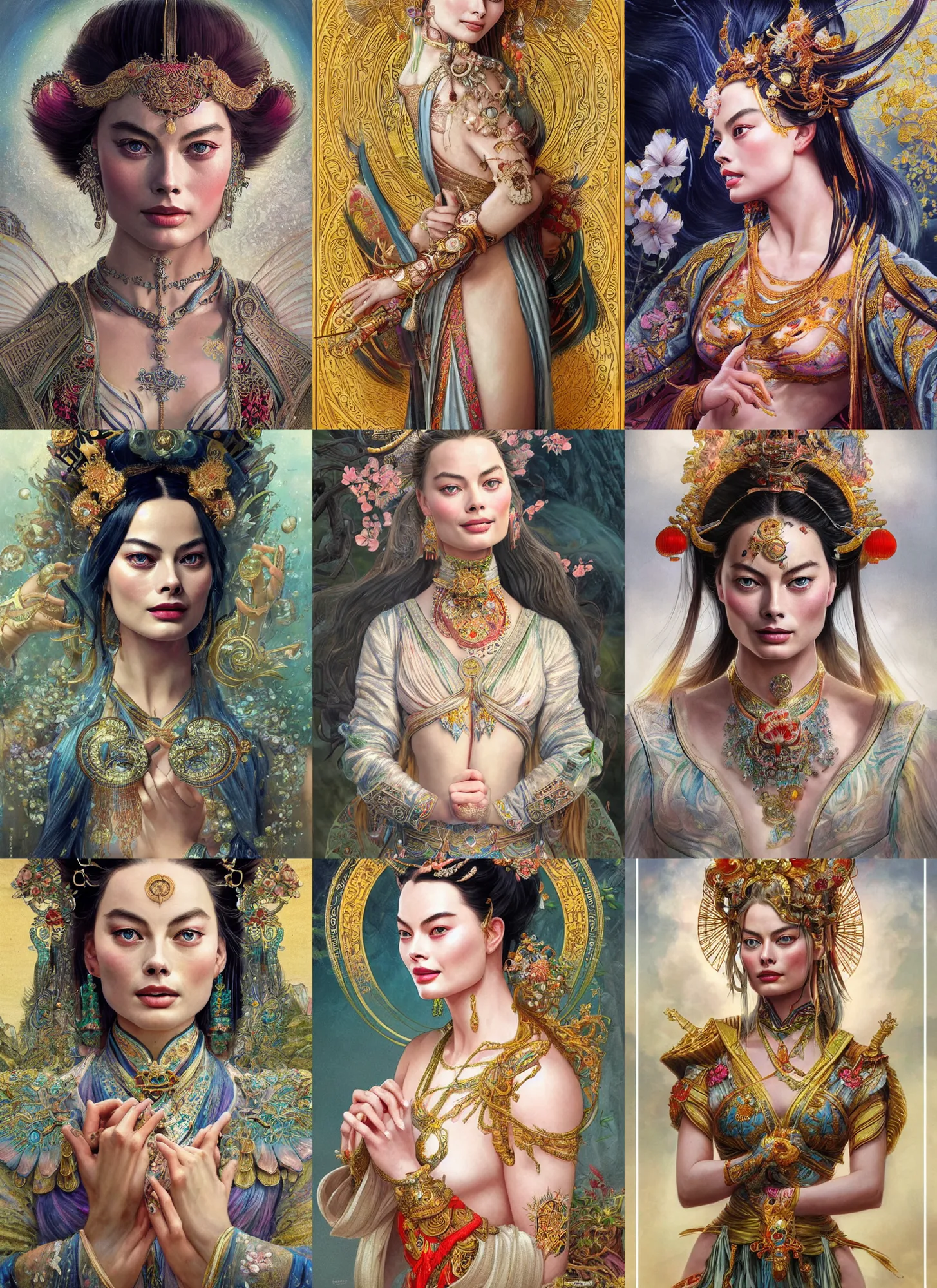 Prompt: Margot Robbie as a Chinese Goddess, cute, fantasy, intricate, elegant, highly detailed, digital painting, 4k, HDR, concept art, detailed jewelry, smooth, sharp focus, head and waist potrait, art by Artgerm and H R Giger and Greg Rutkowski and Alphonse Mucha