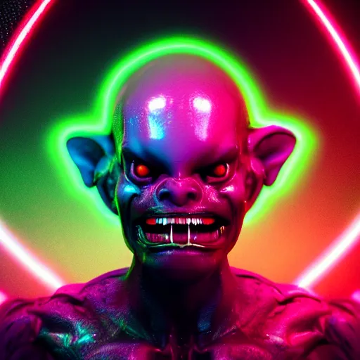 Image similar to synthwave demonic alien face with neon horns, detailed face, sharp focus, synthwave art, aesthetic, octane render, raw, cinematic