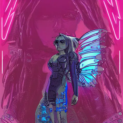 Prompt: Portrait of a cyberpunk fairy wearing cyberpunk clothes, fairy wings, retrowave, trending on artstation, very detailed, realistic, by Moebius, Laurie Greasley, Alphonse Mucha