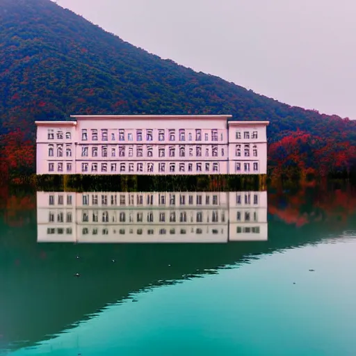 Prompt: Symmetric Wes Anderson film still in the Great Smoky Mountains without people. Establishing shot. Architecture. 8k resolution. Pastel. Sharp. Whimsical. Symmetry. Stunning.