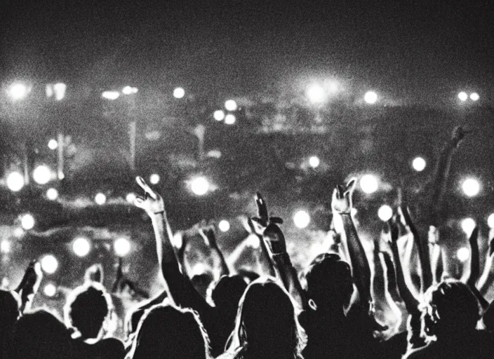 Image similar to a 2 8 mm macro photo from the back of a crowd at a rock concert festival in silhouette in the 1 9 7 0 s, bokeh, canon 5 0 mm, cinematic lighting, dramatic, film, photography, golden hour, depth of field, award - winning, 3 5 mm film grain