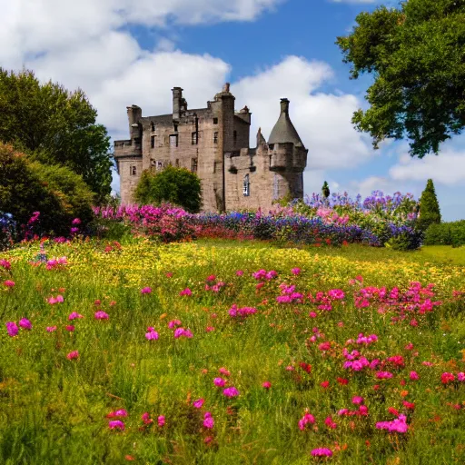 Image similar to a lovely scottish castle in a wide field, surrounded by flowers warm lighting