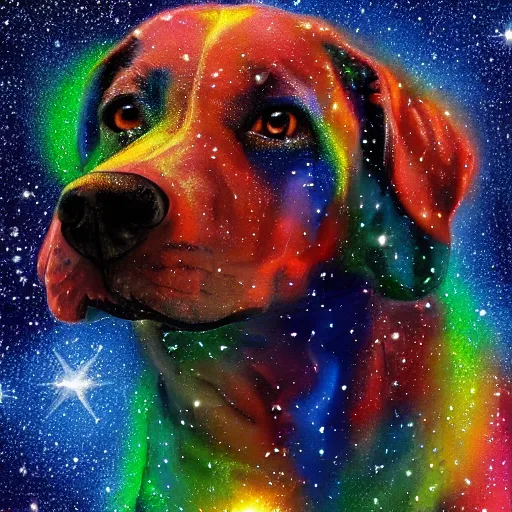 Prompt: a colorful dog made entirely out of galaxies in space, 4k hd, painting