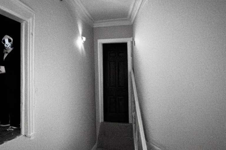 Image similar to the ghost of a man standing at the bottom of stairs in a house at night