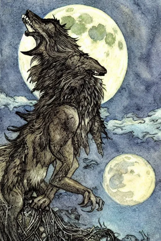 Prompt: crynos werewolf howling at the moon, art by luis royo and walter crane and kay nielsen, watercolor illustration, ultra sharp focus, wot