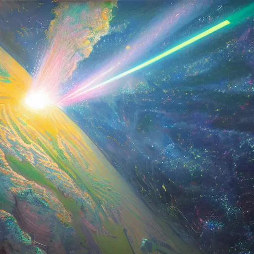 Prompt: view from space, laser beam strikes through earth, extremely detailed oil painting, 1 9 2 0's colored pencil, high clarity, highly detailed, abstract, deep aesthetic, 8 k, highly ornate intricate details, cinematic lighting, rich colors, digital artwork, beautiful scenic view, ray tracing, hyperrealistic, photorealistic, cinematic landscape, trending on artstation, concept art,