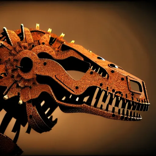 Image similar to a t-rex made out of rusty gears and wires showing life signs, photorealistic, bokeh, octane render, coherent