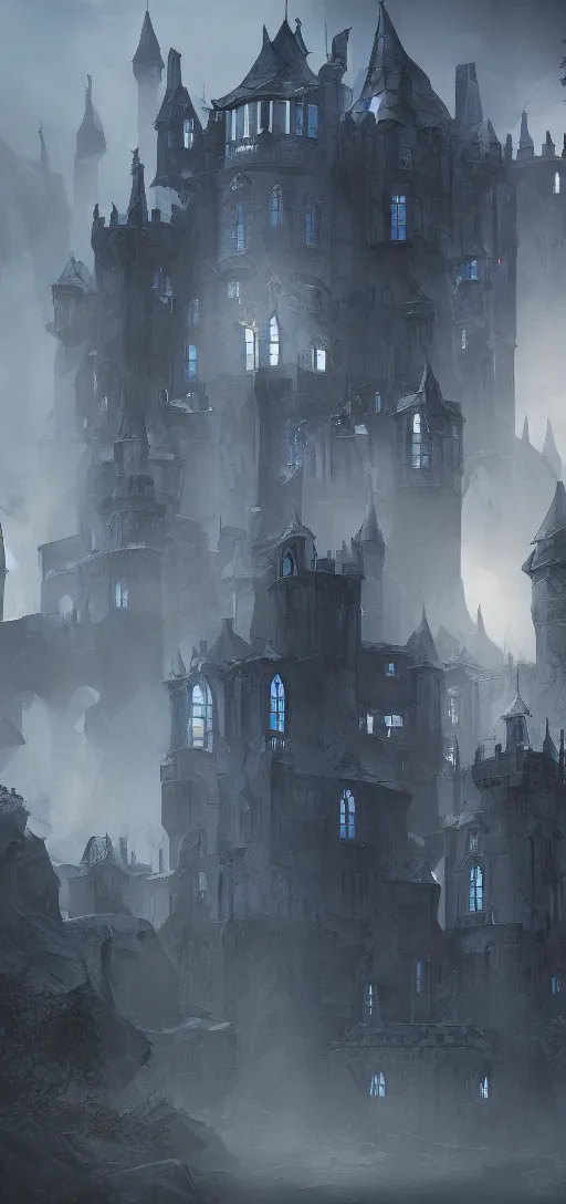 Image similar to A digital concept art painting of a dark blue medieval fantasy european ghotic castle with black brick in desert, 4K UHD image, unreal engine, Graphic Novel, Visual Novel