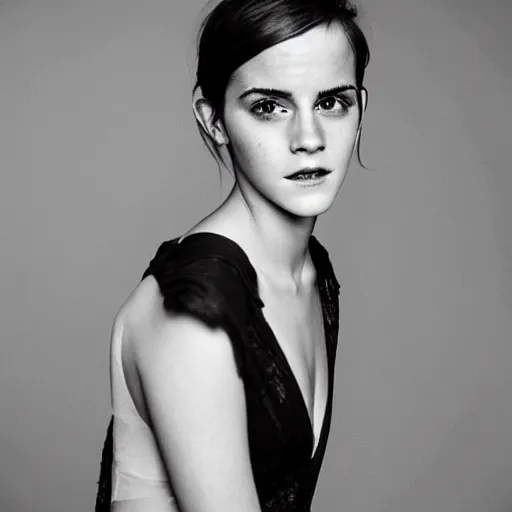 Image similar to Emma Watson closeup of face shoulders and very long hair hair grinning grinning teeth Vogue fashion shoot by Peter Lindbergh fashion poses detailed professional studio lighting dramatic shadows professional photograph by Cecil Beaton, Lee Miller, Irving Penn, David Bailey, Corinne Day, Patrick Demarchelier, Nick Knight, Herb Ritts, Mario Testino, Tim Walker, Bruce Weber, Edward Steichen, Albert Watson