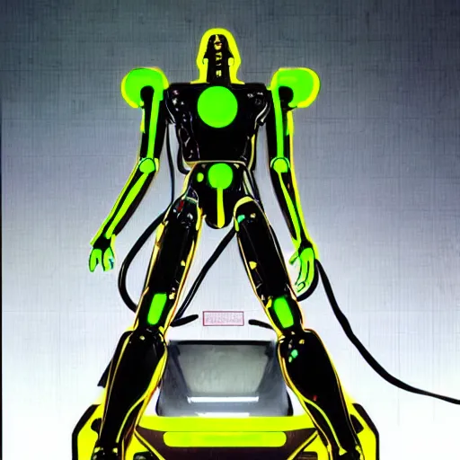 Image similar to the headless full - metal kerberos robot sirius in electrical wired neon yellow noir outfit, with eye - shaped neon lights in its torso, anime poster by yoji shinkawa, artgerm, esao andrews and yoshitaka amano