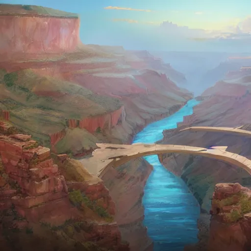 Image similar to concept art painting of a grand canyon with ocean inside, giant river, with unfinished bridge under construction, realistic, detailed, cel shaded, in the style of makoto shinkai and greg rutkowski and james gurney