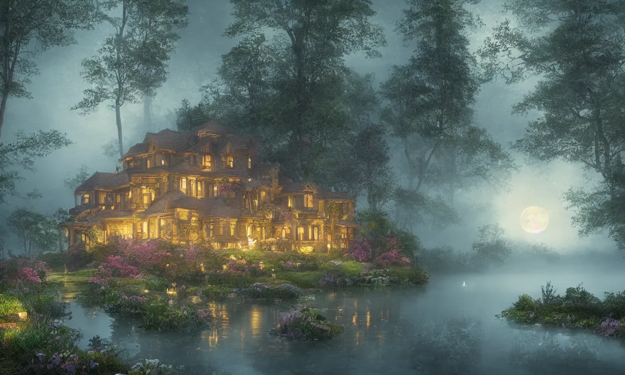 Prompt: a stunning well lit renaissance lake house with lamps and flowers, a beautiful lake in the foreground, moonlit night dreamy atmosphere, highly detailed twigs and plants in the forest, bioluminescent butterflies in the fog in a bokeh background, deep colors, photorealistic digital arts, smooth and rich color scheme, artstation, 8K