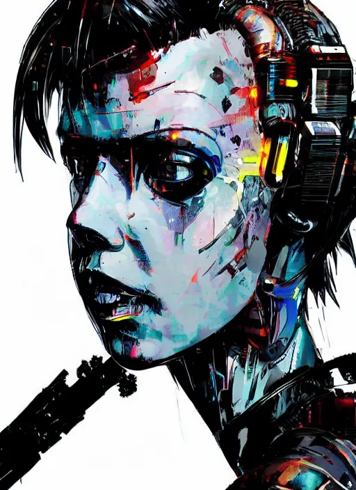 Prompt: Side Portrait of cyberpunk cyborg Millie Bobby Brown by Yoji Shinkawa