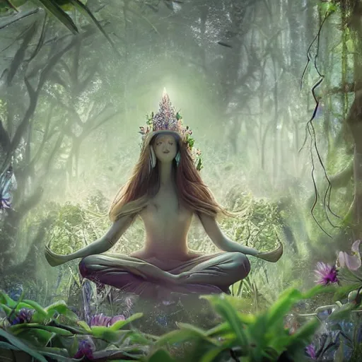 Image similar to elven princess meditating in forest, magical flowers, surrounded by fairies, beautiful face, wisps, surreal, surrealist art, photo, trending on artstation, ultra detailed, intricate, sacred geometry, serene, beautiful, photo, realistic, perfect, smooth, light shafts, light diffusion, chromatic aberration, moebius, by moebius, peter mohrbacher, eye contact, symmetry, magical princess