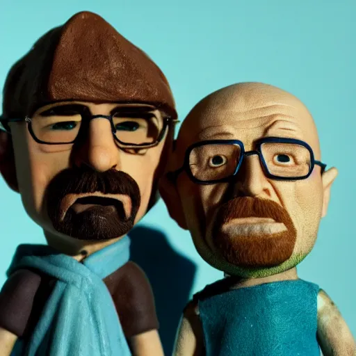 Prompt: two claymation figures of walter white and jesse pinkman, studio lighting