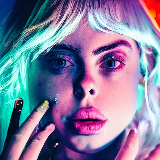 Image similar to beautiful billie eilish in the street, explosion of neon lights, close up, 5 0 mm lens, model photography detailed realistic