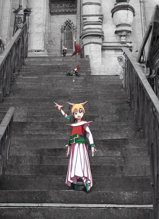 Prompt: charming elf girl climbing the stairs to the cathedral, anime still, Madhouse Animations