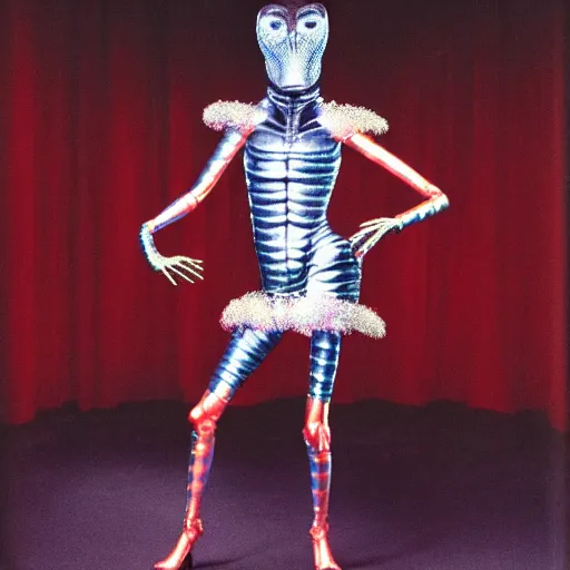 Image similar to alien with telescopic limbs dressed in glam clothing, photo by cindy sherman