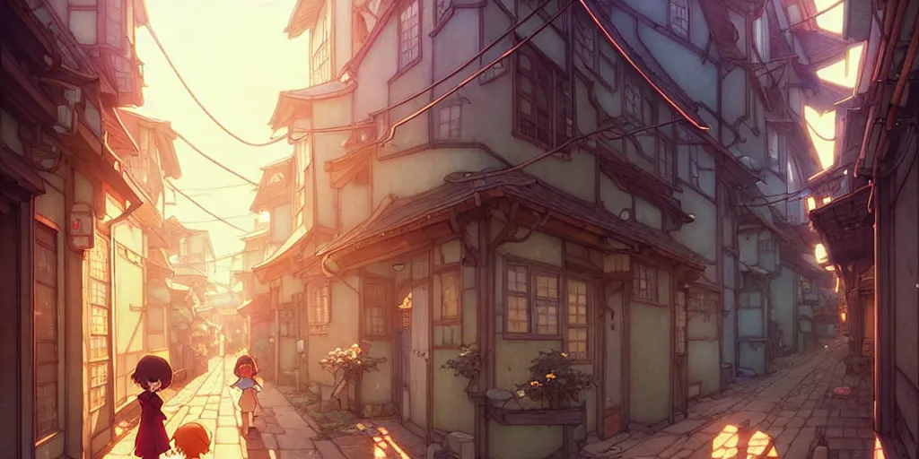 Prompt: the girl and the alley. anime visual of a cozy village, late in the evening. by hayao miyazaki and rossdraws and artgerm and greg rutkowski and alphonse mucha. anime production by studio ghibli. high quality, stunning, intricate detailed environment. 8 k