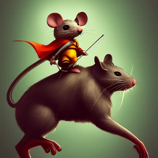 Prompt: a heroic mouse, riding on the back of a prancing cat, illustration, trending on artstation