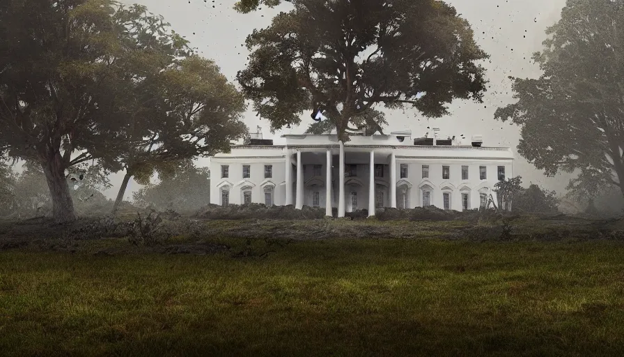 Prompt: abandoned damaged burning white house covered by vegetation at rainy day, grey sky, muddy ground, hyperdetailed, artstation, cgsociety, 8 k