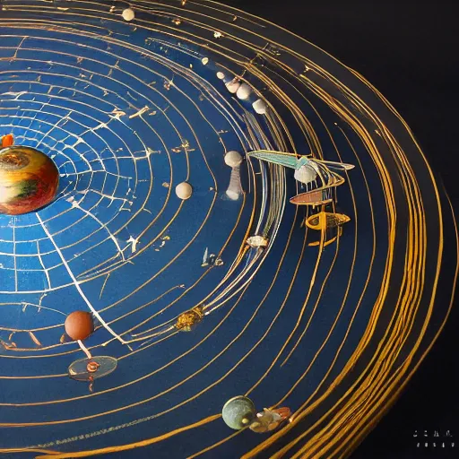 Prompt: a kinetic sculpture of this solar system, sun, orrery, canon 5 d 5 0 mm lens, papier - mache, studio, circa 2 0 2 5