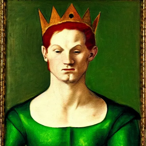 Prompt: a renaissance style full body portrait painting of an extremely muscular red haired man, wearing all green clothes, a crown, and green cape, dark background. In the style of Degas.