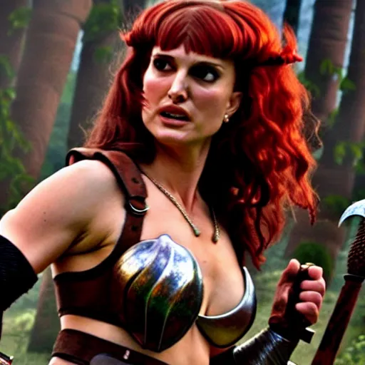 Image similar to natalie portman as red sonja, battle scene