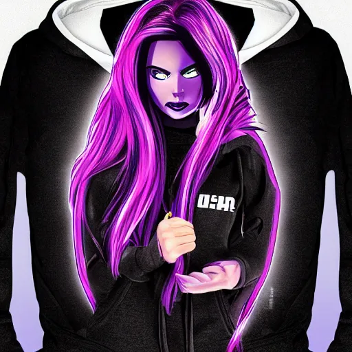 Prompt: “Sci fi, A female, full body, black hair with purple streaks, black hoodie with tech on it”