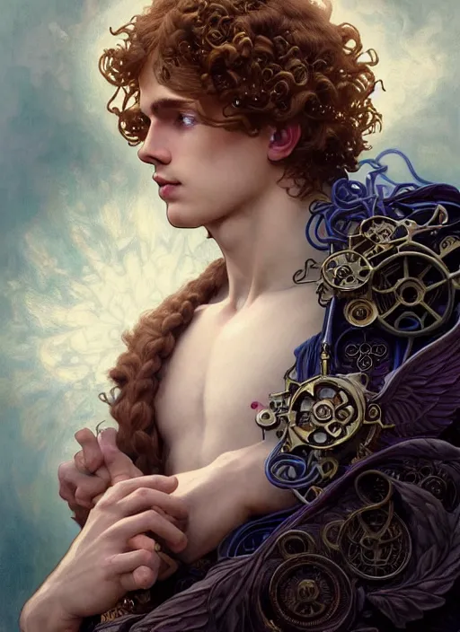 Image similar to the god hermes, young man, curly blond hair, glowing eyes, volumetric lights, cyan and white scheme, art nouveau botanicals, gothic, intricate, highly detailed, digital painting, artstation, concept art, smooth, sharp focus, symmetric face, illustration, steampunk, art by artgerm and greg rutkowski and alphonse mucha