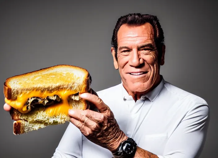 Prompt: studio portrait photo still of robert davi!!!!!!!! at age 5 3 years old 5 3 years of age!!!!!!! holding a grilled cheese, 8 k, 8 5 mm f 1. 8, studio lighting, rim light, right side key light