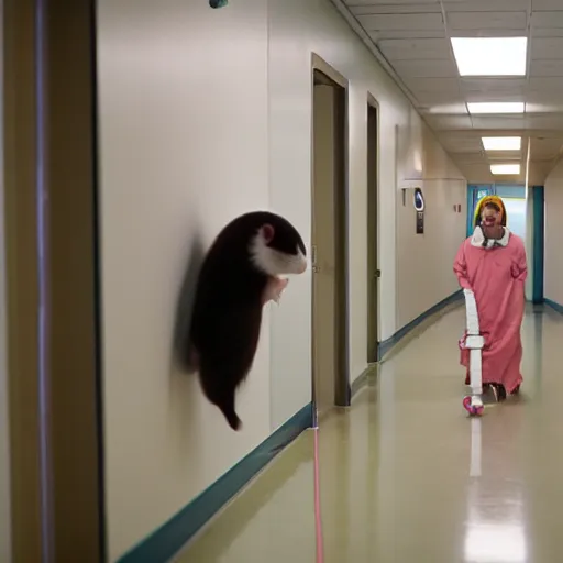 Image similar to a ferret in a hospital gown walking through a hallway from one room to the next dragging an IV on wheels behind it