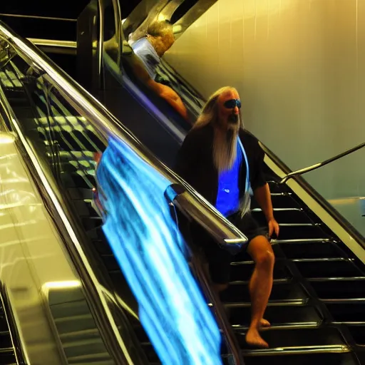 Image similar to bioluminescent hulk hogan in the darkness on an escalator