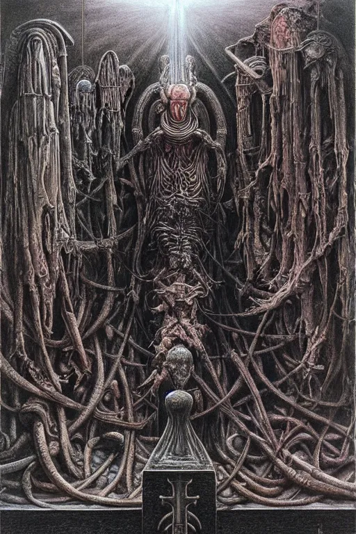 Image similar to hyper realistic painting of the holy grail by wayne barlowe, beksinski, hr giger, austin osman spare, bussiere