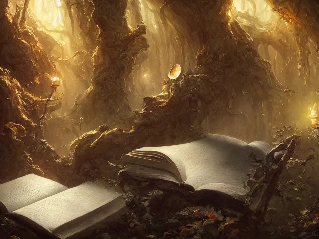 Image similar to detailed painting of a magical book open on a table that is a portal to a fantasy realm by Greg Rutkowski, fantasy, dramatic light