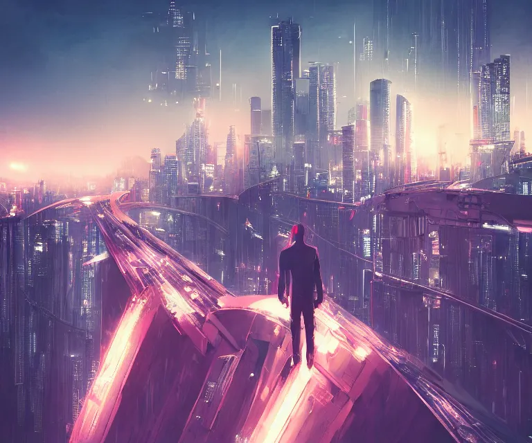 Image similar to a man standing on top of a bridge over a city, cyberpunk art by Vincent Lefevre, behance contest winner, altermodern, cityscape, synthwave, matte painting