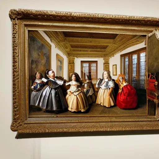 Image similar to a highly super quality oil canva family portrait in the main room of the castle painted in 1 6 5 6, dark room, one point of light coming through the window inspired by las meninas, clear spaces between each subject and good detail and realistic eyes, faces for each person in the canva, inspired by diego velasquez better quiality