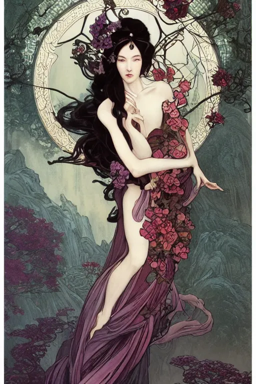 Image similar to full length portrait of a beautiful mysterious chinese fairy holding bouquet of flowers by eve ventrue, michael carson, andreas rochas, john watkiss, casey weldon, artgerm. art nouveau. tarot card by mucha. gloomhaven. swirly intricate linework background. gaudy colors, sharp edges. octane render