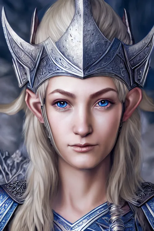 Prompt: highly detailed full body portrait painting of a proud young female elven knight in the style of Warhammer Fantasy by Artgerm and Arian Mark, medium length blonde hair, blue eyes, sapphire earrings, no helmet, low angle shot, highly detailed, trending on artstation, cgsociety, 4k, 8k, HDR, octane render, unreal engine