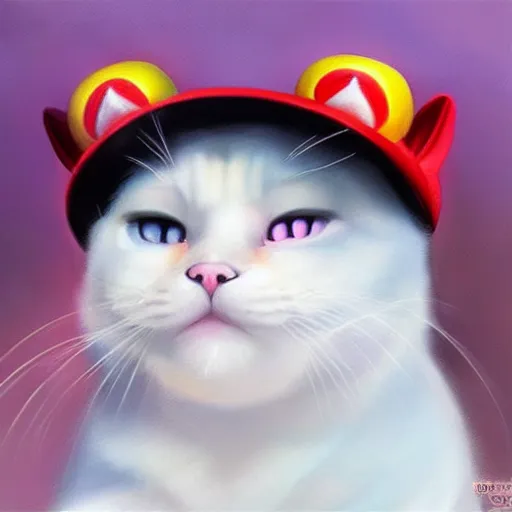 Image similar to A beautiful oil painting of a Kawaii Cat wearing a Super Mario Hat, art by old masters, volumetric lighting, photorealistic, highly detailed.